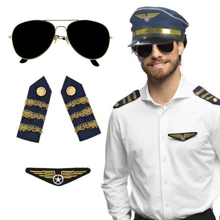 Carnaval verkleed set - pilotenpet - blauw - met epauletten/badge/zonnebril - heren/dames