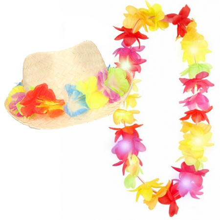 Carnaval verkleed set - Tropische Hawaii party - bloemen band strohoedje - en LED bloemenkrans
