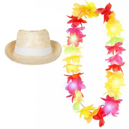Carnaval set - Tropical Hawaii party - Ibiza straw hat - and LED flowers guirlande