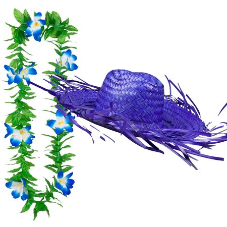 Carnaval verkleed set - Tropische Hawaii party - stro hoed met bloemenslinger - blauw