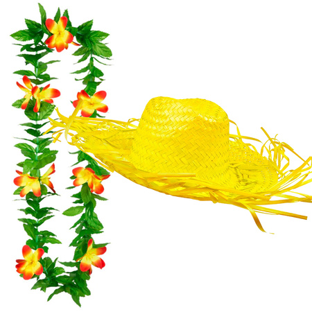 Carnaval verkleed set - Tropische Hawaii party - stro hoed met bloemenslinger - geel
