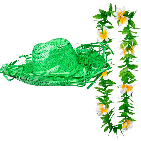 Carnaval verkleed set - Tropische Hawaii party - stro hoed met bloemenslinger - groen
