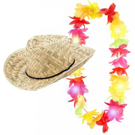 Toppers - Carnaval verkleed set - Tropische Hawaii party - strohoed - met LED gekleurde bloemenslinger