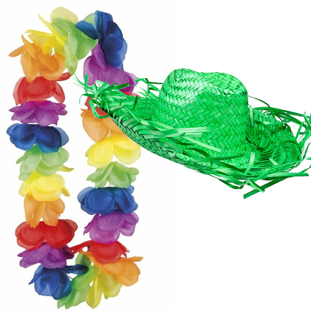 Toppers - Carnaval set - Tropical Hawaii party - beach straw hat green - and colored flowers guirlande