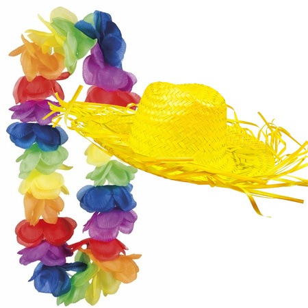 Toppers - Carnaval set - Tropical Hawaii party - beach straw hat yellow - and colored flowers guirlande