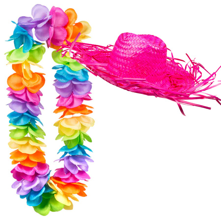 Toppers in concert - Carnaval verkleedset - Tropical Hawaii party - strohoed - en volle bloemenslinger multi colours