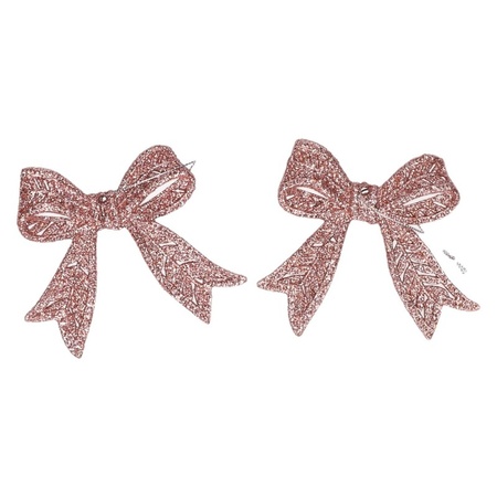 Cosy & Trendy kersthangers strikjes - 4x st - roze -11 cm - glitters - kerstboomversiering