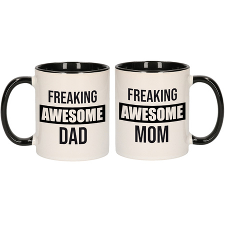 Dad and Mom freaking awesome black mug - Gift cup set for Dad and Mom