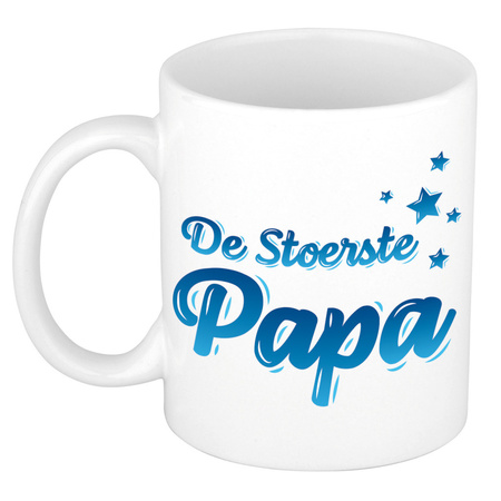 De stoerste papa gift mug / cup white and blue with stars