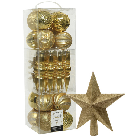 Decoris 30x st kunststof kerstballen, ornamenten en piek goud 