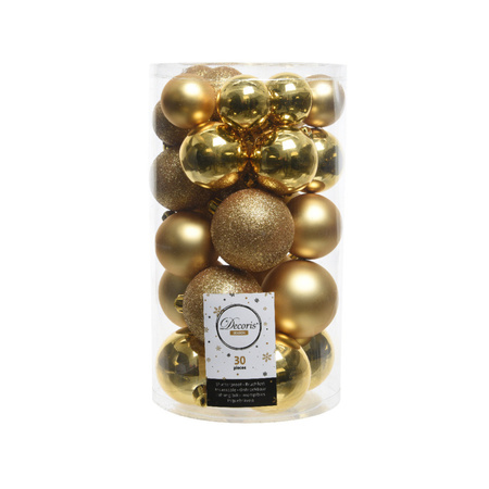 Decoris Christmas baubles 30x gold 4/5/6 cm plastic matte/shiny/glitter mix with topper