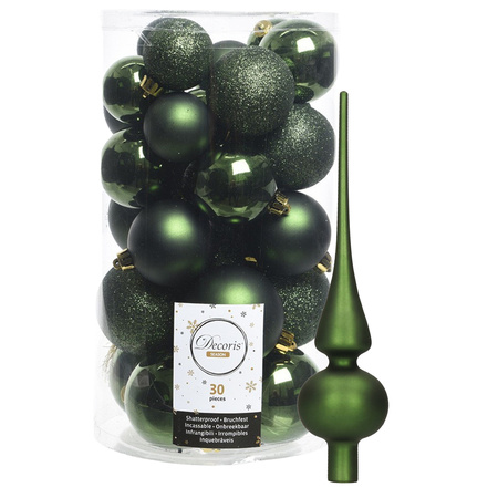 Decoris Christmas baubles 30x darkgreen 4/5/6 cm plastic matte/shiny/glitter mix with topper