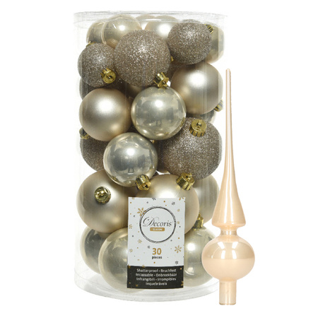 Decoris Christmas baubles 30x light champagne 4/5/6 cm plastic matte/shiny/glitter mix with topper