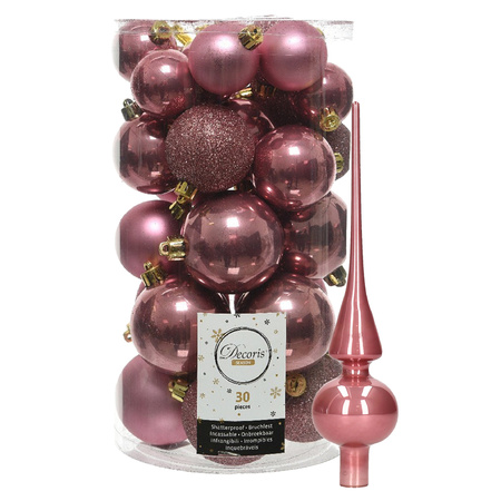Decoris Christmas baubles 30x old pink 4/5/6 cm plastic matte/shiny/glitter mix with topper