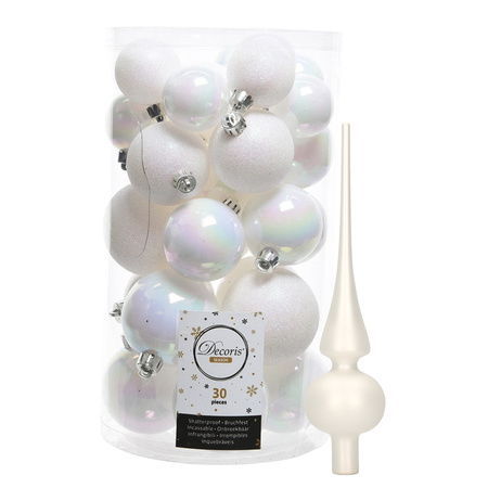 Decoris Christmas baubles 30x pearl white 4/5/6 cm plastic matte/shiny/glitter mix with topper