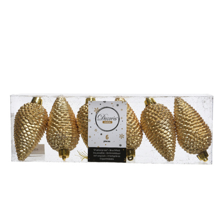 6x Gold pinecones Christmas baubles 8 cm plastic glitter