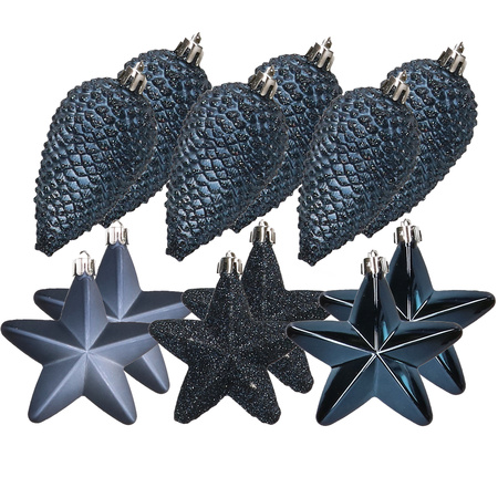 Dennenappels en sterren kerstornamenten - 12 stuks - kunststof - donkerblauw