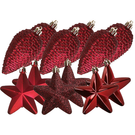 12x pcs plastic stars and pine cones christmas decoration dark red 7-8 cm
