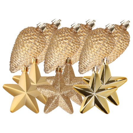 Dennenappels en sterren kerstornamenten - 12 stuks - kunststof - goud