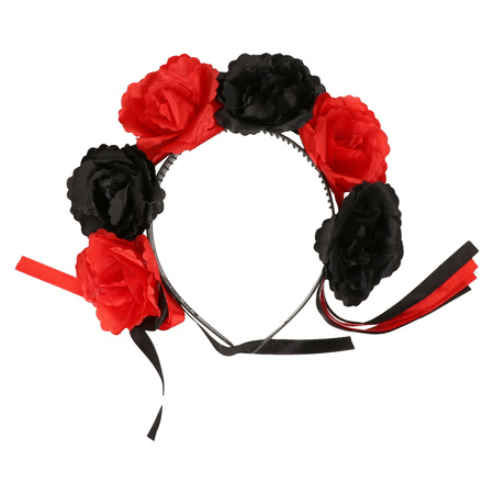 Diadeem/tiara met zwarte en rode rozen voor dames