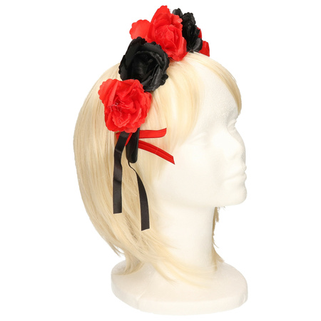 Diadeem/tiara met zwarte en rode rozen voor dames