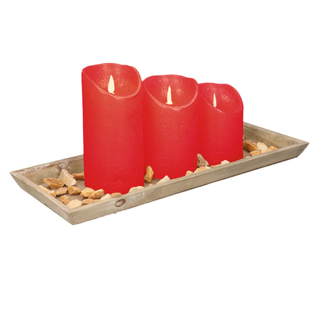 Wooden tray with stones and 3 LED candles in red colour 39 x 15 cm