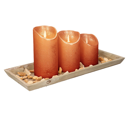 Wooden tray with stones and 3 LED candles in copper colour 39 x 15 cm