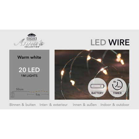 Draadverlichting - zilver- 20 led lampjes - warm wit - batterij - 100 cm