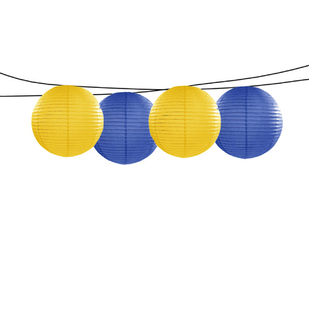 Feest/tuin versiering 4x stuks luxe bol-vorm lampionnen blauw en geel dia 35 cm