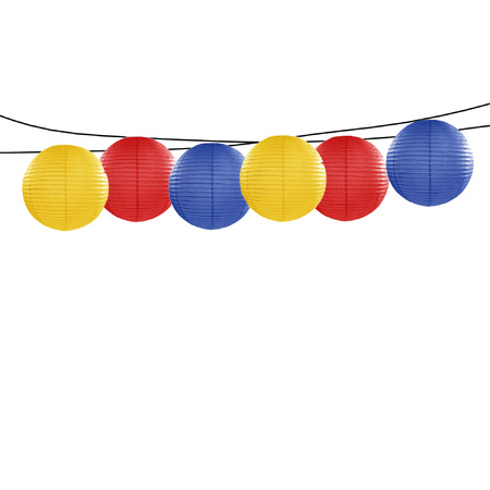 Feest/tuin versiering 6x stuks luxe bol-vorm lampionnen blauw-geel-rood dia 35 cm