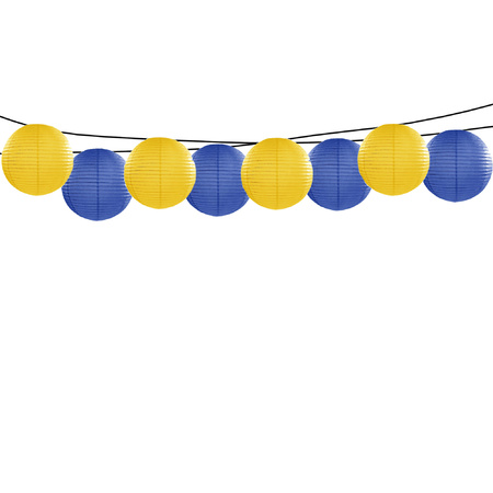 Feest/tuin versiering 8x stuks luxe bol-vorm lampionnen blauw en geel dia 35 cm