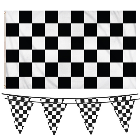 Finish/racing thema feestartikelen pakket 3-delig vlaggen geblokt zwart/wit