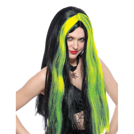 Witch ladies wig - long hair - black/green - Halloween theme