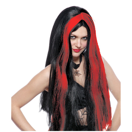 Funny Fashion Heksenpruik lang haar - zwart/rood - dames - Halloween