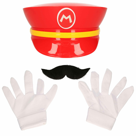 Game verkleed set loodgieter Mario - pet/snor/handschoenen - rood - carnaval/themafeest outfit