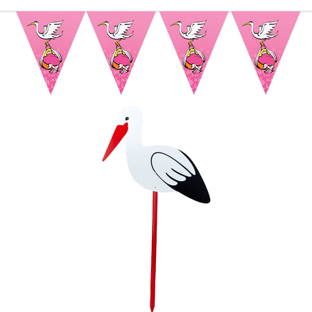 Geboorte versiering meisje - ooievaar geboorte bord - 100 cm hoog - vlaggenlijn roze - 10 meter