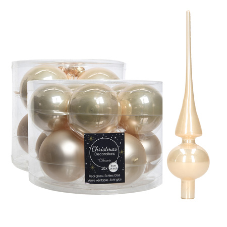 Glazen kerstballen pakket champagne glans/mat 32x stuks inclusief piek glans