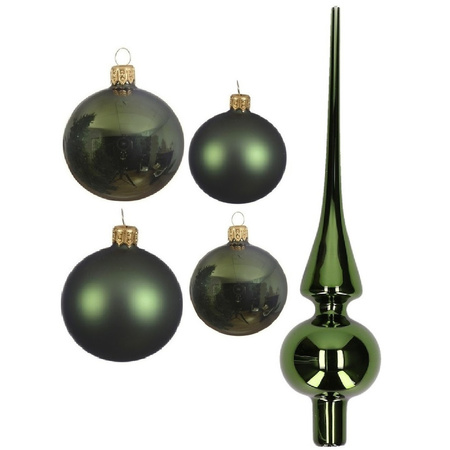 Glass Christmas boubles set 38x pieces dark green 4 and 6 cm with tree topper gloss