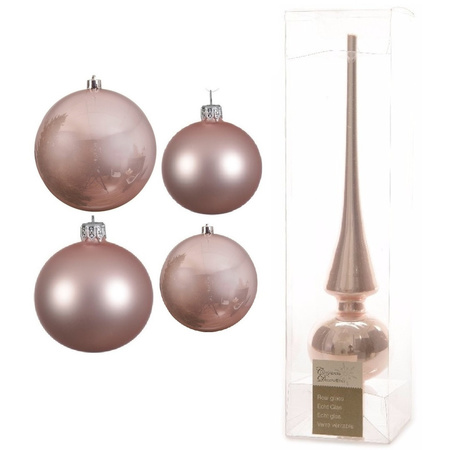 Glazen kerstballen pakket lichtroze glans/mat 38x stuks 4 en 6 cm met piek glans