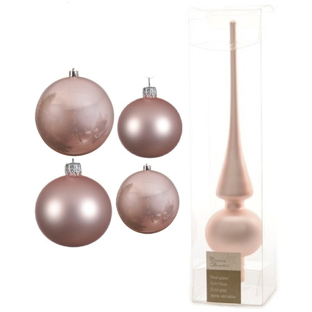Glass Christmas boubles set 38x pieces light pink 4 and 6 cm with tree topper frosted