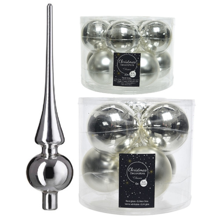 Glazen kerstballen pakket zilver glans/mat 32x stuks inclusief piek glans