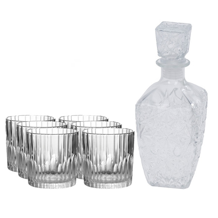 Glazen whisky/water karaf 750 ml met 6x whiskyglazen 310 ml