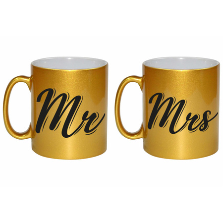 Gouden Mrs en MR cadeau mokken / bekers set voor koppels 330 ml