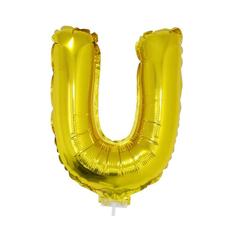 Golden inflatable letter balloon U on a stick