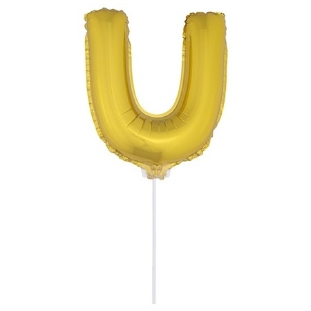 Gouden opblaas letter ballon U op stokje 41 cm
