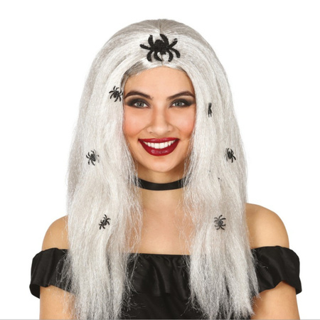 Grey horror wig with black spiders for women