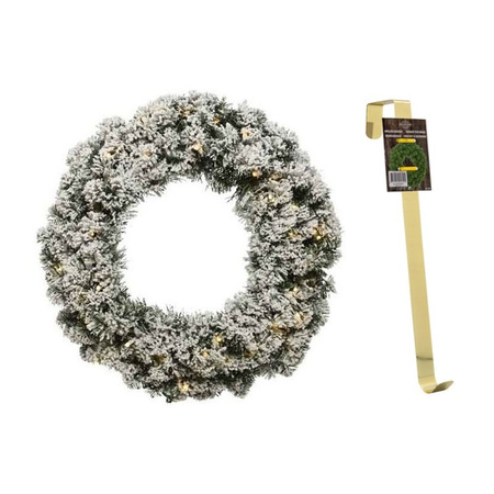 Green/white Christmas led wreath 50 cm Imperial with snow and with brass pendant