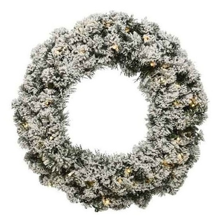 Kerstkrans 60 cm - groen met led - besneeuwd - met messing zilveren hanger/ophanghaak