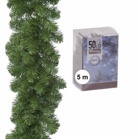 Green pine garland 270 cm with clear white lights