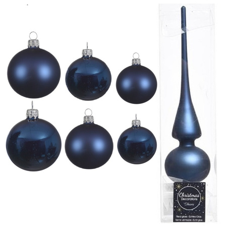 Large set glass Christmas boubles 50x pieces dark blue 4-6-8 cm with tree topper frosted